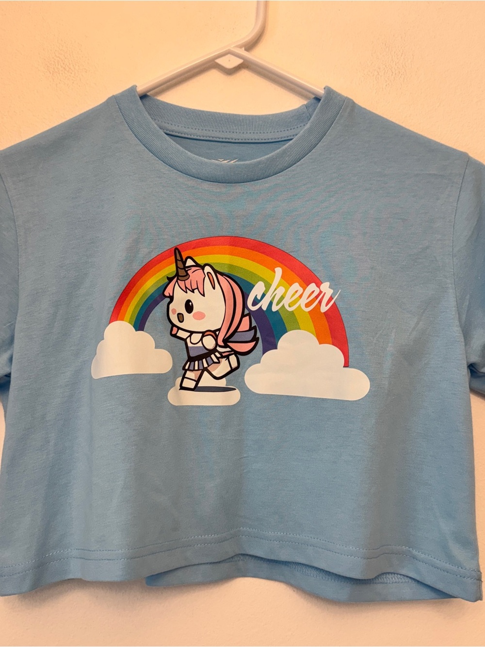 Fly Athletics Cheer Unicorn Cropped Tee in Light Blue XL Youth